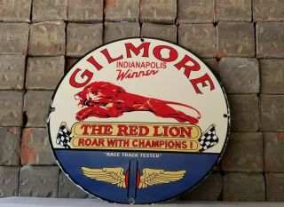 Vintage Gilmore Gasoline Porcelain Gas Red Lion Service Station Pump Plate Sign