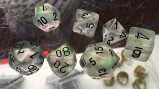 Chessex • 7 Pc Dice Set • Borealis Clear With Black • Rare • Discontinued • Oop