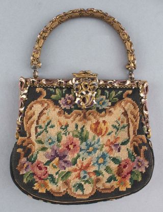 Antique Enameled Brass & Hand Embroidered Flowers Purse Pocketbook,  Nr