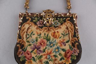 Antique Enameled Brass & Hand Embroidered Flowers Purse Pocketbook,  NR 3