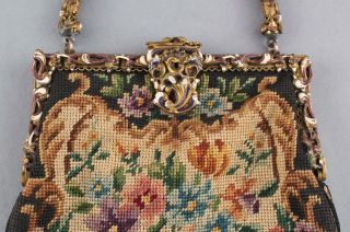 Antique Enameled Brass & Hand Embroidered Flowers Purse Pocketbook,  NR 4