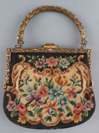Antique Enameled Brass & Hand Embroidered Flowers Purse Pocketbook,  NR 7