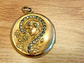 Antique S B & L Co.  Yellow Gf Locket Monogram Repousse Woman Floral Blu Gemstones