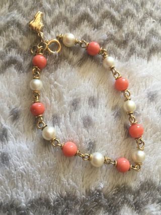 Vintage 9ct Gold Pink Coral & Pearl 7” Bracelet