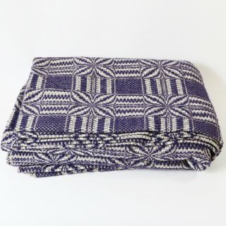 Vtg Reversible Woven Antique Wool Blanket - Blue & White 89 " X 73 "