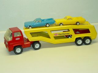 Vintage Tonka Cab Over Car Carrier,  Truck Trailer,  With 3 Cars,  Pressed Steel