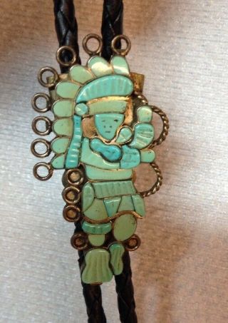 Vintage Ll Zuni Linette Laiwakete Sterling Silver Turquoise Kachina Man Bolo Tie