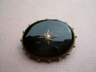 Antique Victorian Heavy Gold Mourning Brooch Set With Black Onyx & Seed Pearl.