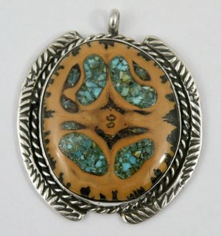 Vintage Navajo Stamped Sterling Silver Petrified Wood Turquoise Inlay Pendant