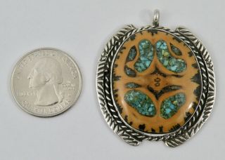 VINTAGE NAVAJO STAMPED STERLING SILVER PETRIFIED WOOD TURQUOISE INLAY PENDANT 2