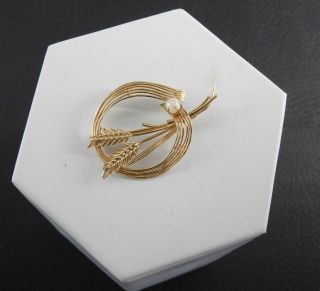 Vintage Estate Solid 14k Yellow Gold Pearl Womens Jewelry Pin Brooch Wheat