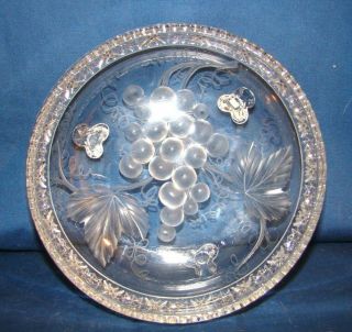 Abp Tuthill Cut Engraved Glass Vintage Intaglio Grape 3 Footed Bowl