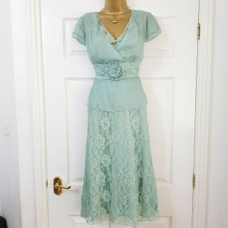 Vintage Phase Eight Green Silk Lace Peplum Midi Dress,  Cami Size 12