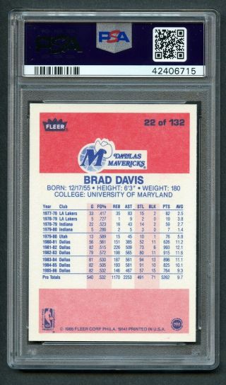 1986 Fleer Basketball PSA 10 Gem Brad Davis RC 22 Rookie RARE 2