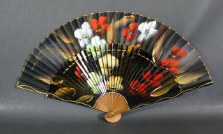 Antique Art Deco French Oil Painting Flowers Wood Mourning Folding Hand - Held Fan