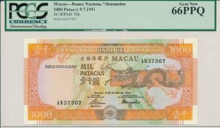 Banco Nacional Ultramarino Macau 1000 Patacas 1991 Rare Pcgs 66ppq