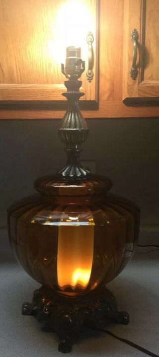 Vintage Mcm Retro Large Amber Glass Lamp Hollywood Regency 24” X 12” Swirl Glass