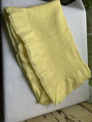 Vintage Baby Morgan Blanket Butter Yellow Thermal Waffle Weave Made In Usa