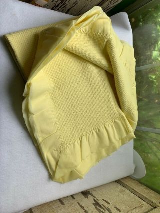 Vintage Baby Morgan Blanket Butter Yellow Thermal Waffle Weave Made In USA 2