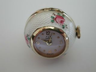 Antique Vintage Silver Guilloche Swiss Ball Watch Rose Flower Enamel Pendant