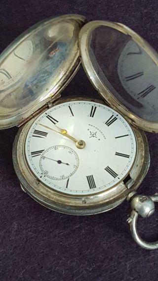 1883 English Sterling Silver Hunter Pocket Watch Rotherham Key Wind Movement