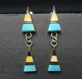 Vintage Navajo Sterling Silver & Turquoise Channel Inlay Dangle Earrings Pierced