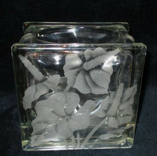 Hawaii Vintage Etched Glass Block Vase Anthuriums 5 3/4 " T X 3 3/4 " D X 5 1/2 " W