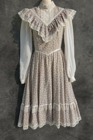 Gunne Sax Vintage Edwardian Prairie Boho Dress W/ Pockets Sz 9 Lace Satin Floral