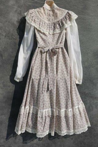 GUNNE SAX Vintage Edwardian Prairie Boho Dress W/ POCKETS Sz 9 Lace Satin Floral 7