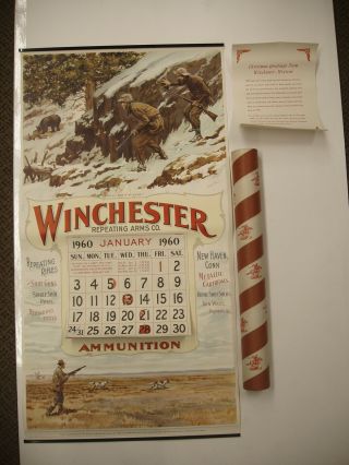 Rare 1960 Winchester Calendar A B Frost Graphics In Tube Nos