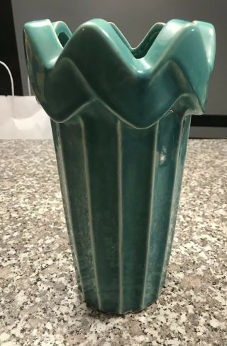 Vintage Mccoy Usa Art Deco Scalloped Edges Vase Green Aqua Color