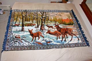 Vtg Velvet Tapestry Rug Wall Hanging Elk Deer Huge Nm 48 X 69.  5