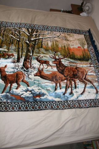 VTG Velvet Tapestry Rug Wall Hanging Elk Deer HUGE NM 48 X 69.  5 4