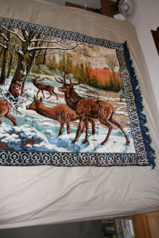 VTG Velvet Tapestry Rug Wall Hanging Elk Deer HUGE NM 48 X 69.  5 5