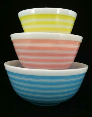 Rare Vintage Pyrex Stripes Mixing Bowl Full Set 401 402 403 Yellow Pink Blue