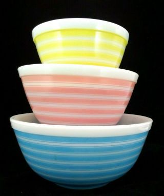 RARE Vintage Pyrex Stripes Mixing bowl full set 401 402 403 yellow pink blue 2