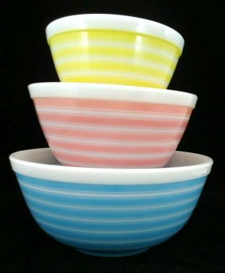 RARE Vintage Pyrex Stripes Mixing bowl full set 401 402 403 yellow pink blue 3