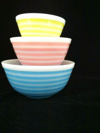 RARE Vintage Pyrex Stripes Mixing bowl full set 401 402 403 yellow pink blue 4