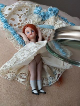 Antique Bisque 4 1/2 " Mignonette Doll - Swivel Neck - Blue Glass Eyes