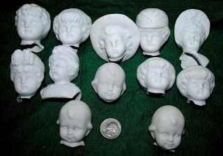 12 Large Antique German Bisque Doll Heads 0104