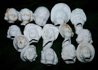 15 Large Antique German Bisque Doll Heads 0410
