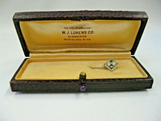 Antique Vintage c.  1910 14K White Gold Diamond and Sapphire Stick Pin w/Orig.  Box 6