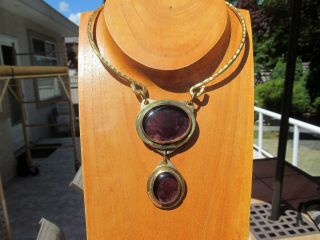 Rafael Canada Vintage Modernist Solid Brass Necklace W/ Purple Glass