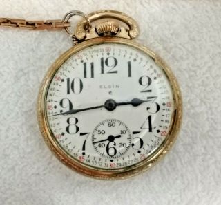 Vintage Elgin 10k Gold Plated Pocket Watch 17 Jewels With 13 " Gold Filled Chain