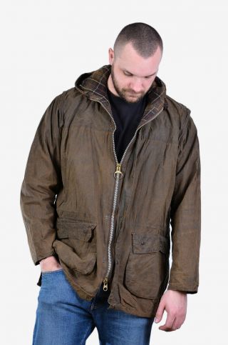 Vintage Barbour A875 Durham Brown Hooded Wax Jacket C42/107cm Large