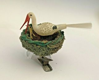 Rare German Antique Glass Mother Stork W/ Chick Nest Christmas Ornament