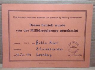 1946 Post Ww2 German /u.  S.  Military/government Business Approval Certificate