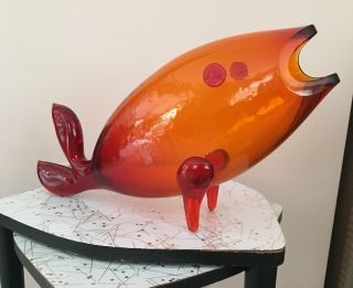 Vtg Blenko Orange Art Glass Fish By Anderson 17”x8” Tangerine Gorgeous Cond Mcm