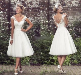 Vintage Short Wedding Dress Tea Length White Ivory Bridal Gown Custom 6 8 10 12,