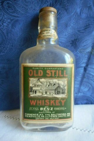 Vintage Old Still Whiskey Bottle W Wood & Cork Top Geo.  Benz & Sons,  Glass